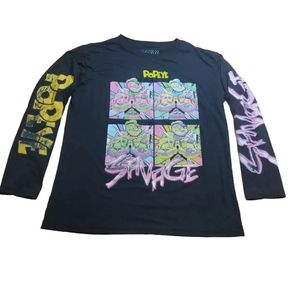 Popeye Tee Long Sleeve Graphic Logo Cartoon Savage Juinors Sz XL Adult Med Small
